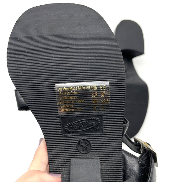 Vintage 90s Y2K Lower East Side Black Faux Leather Strappy Block Heel Sandal 5.5 - Picture 16 of 16